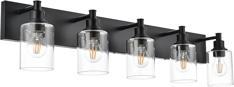 Lámpara baño negro sobre espejo 5 luces vidrio transparente