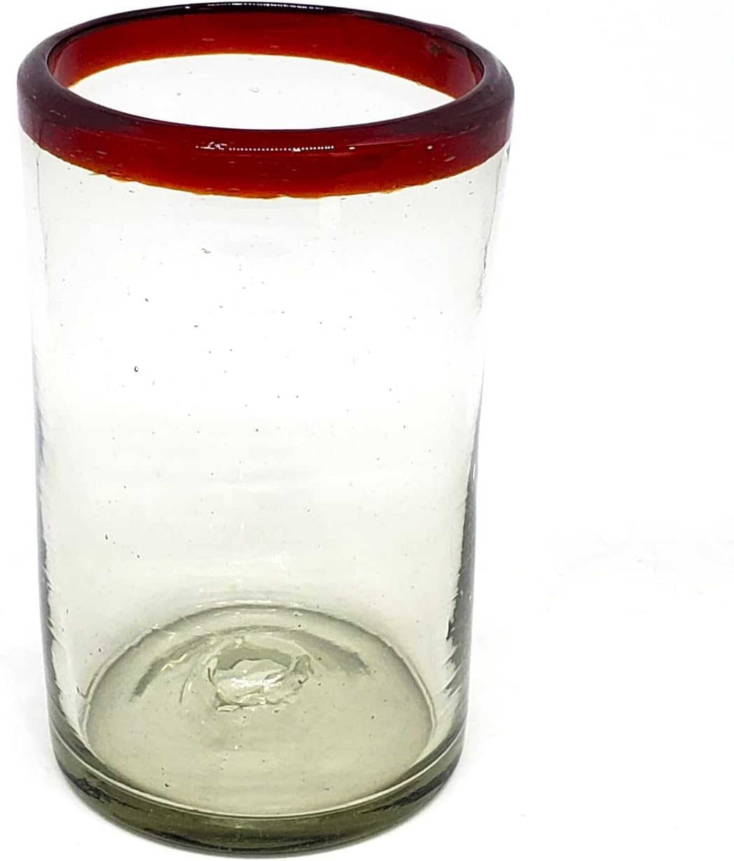 Vasos vidrio reciclado 14oz sin plomo borde rojo rubí set 6