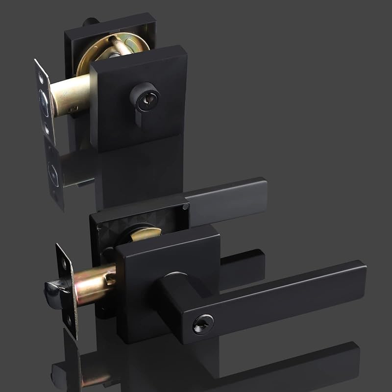 6 Manijas Puerta Cerradura Cilindro Llave Cuadrada Negro