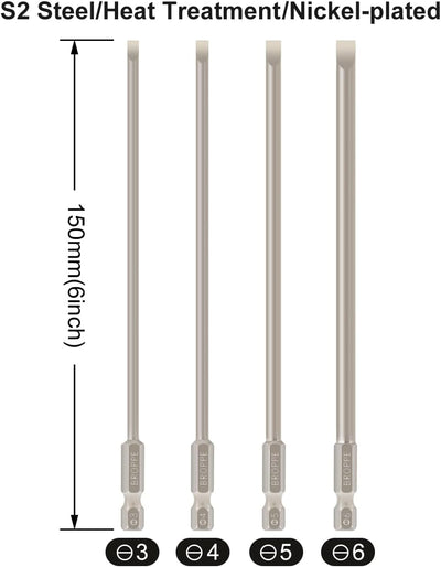 Set 4 puntas destornillador ranuradas magnéticas 6pulg 1/4pulg