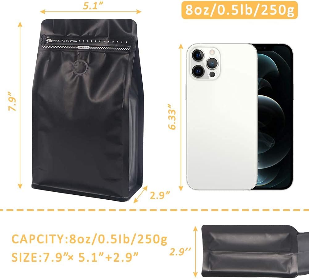Bolsas café con válvula 8oz aluminio negro reutiliz.