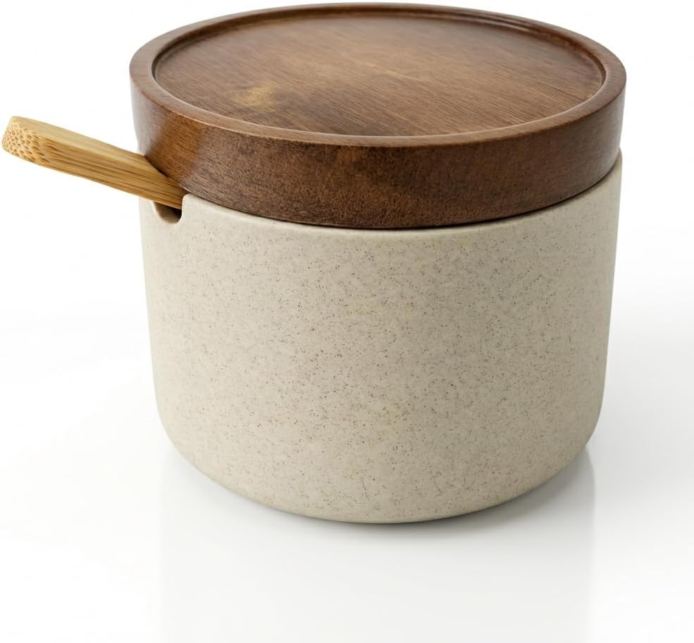 Bodega de cerámica hecha a mano con tapa y cuchara de acacia, tarro de cocina ancho para sal, especias y azúcar