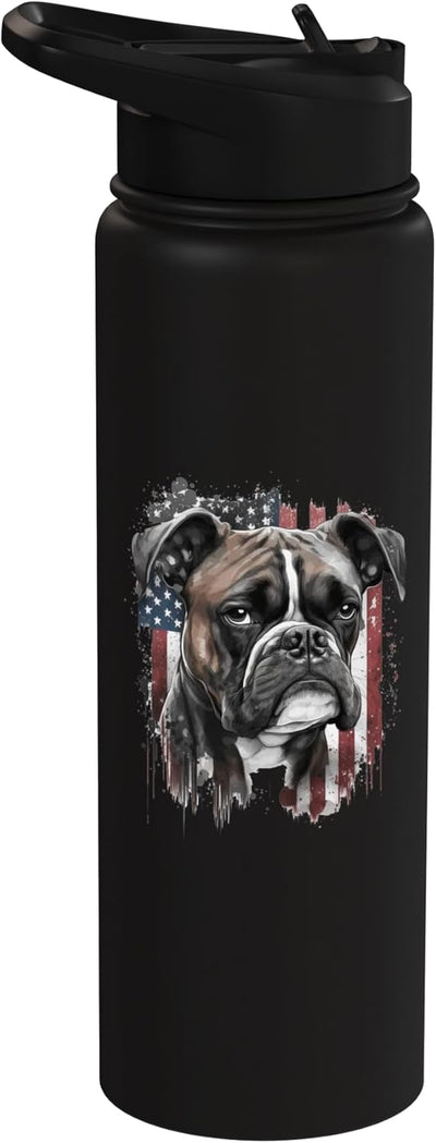 Botella de agua acero inoxidable con imagen perro boxer bandera estadounidense