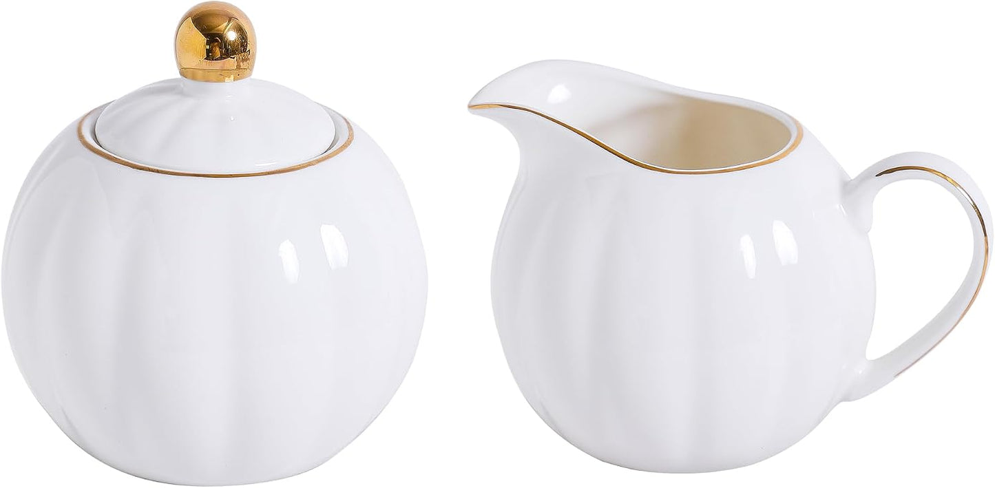 Juego azucarero y jarra leche porcelana blanca y dorada 12oz 10oz