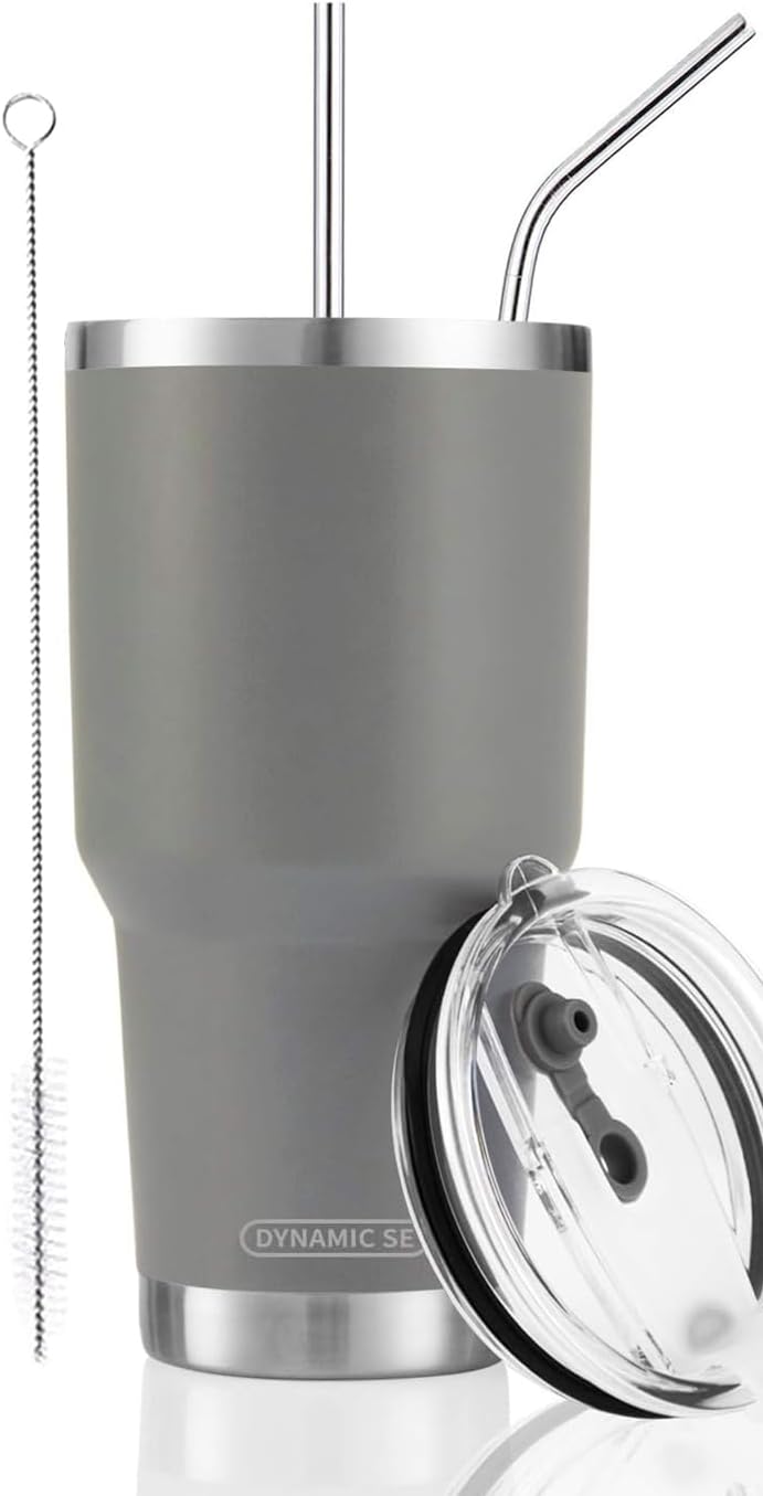 Vaso gris acero inox 30oz con tapa popote y cepillo