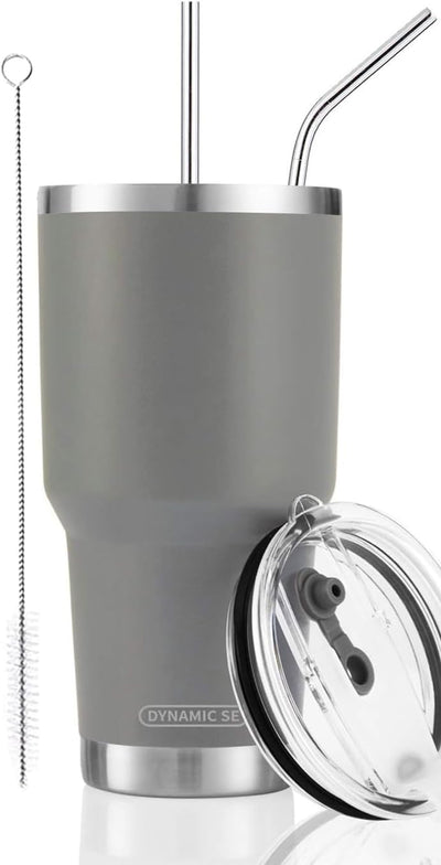 Vaso gris acero inox 30oz con tapa popote y cepillo