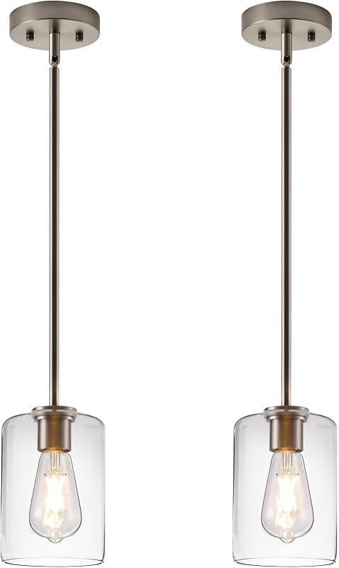 2 Luces Colgantes Níquel Cepillado Isla Cocina Vidrio 5"