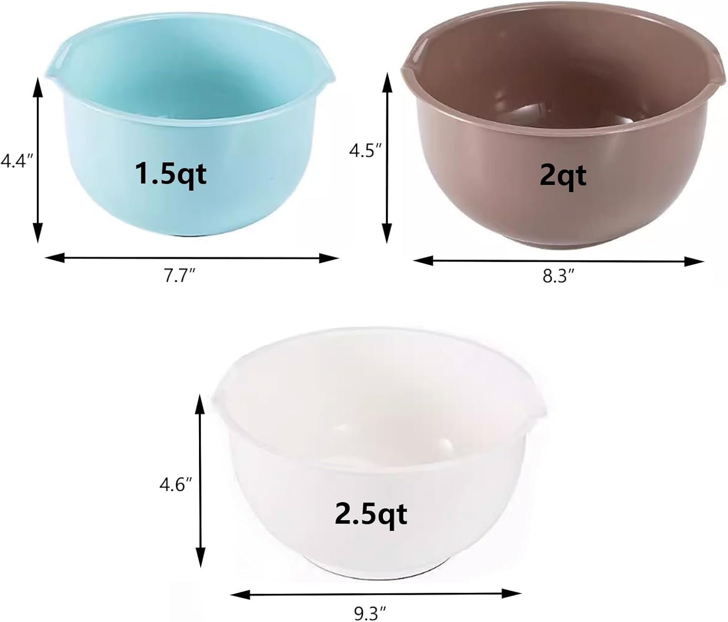 3 Pzas Cuencos Plástico Mezclar 1.5-2.5qt Base Antiderrap