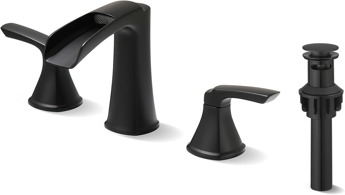Grifo baño negro 3 agujeros 8pulg cascada con desagüe pop-up