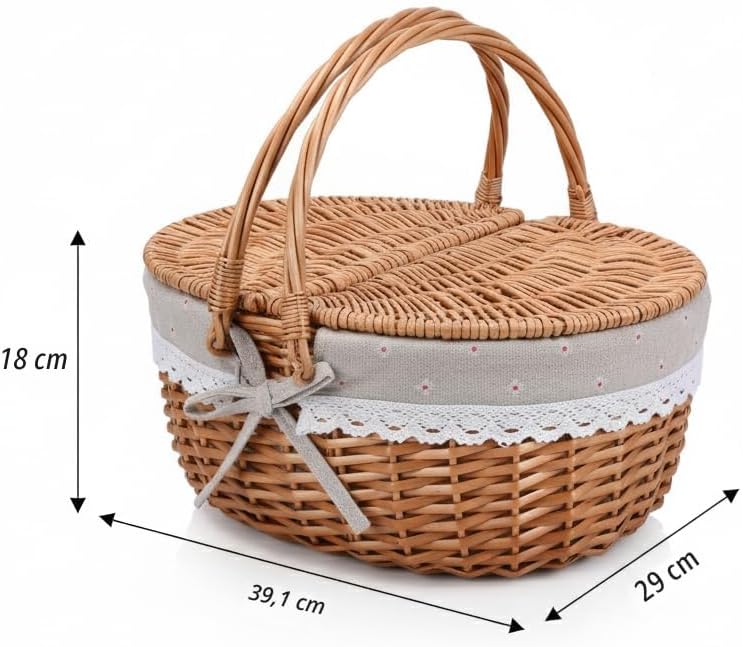Cesta picnic mimbre tapa asa tejido resistente forro lavable