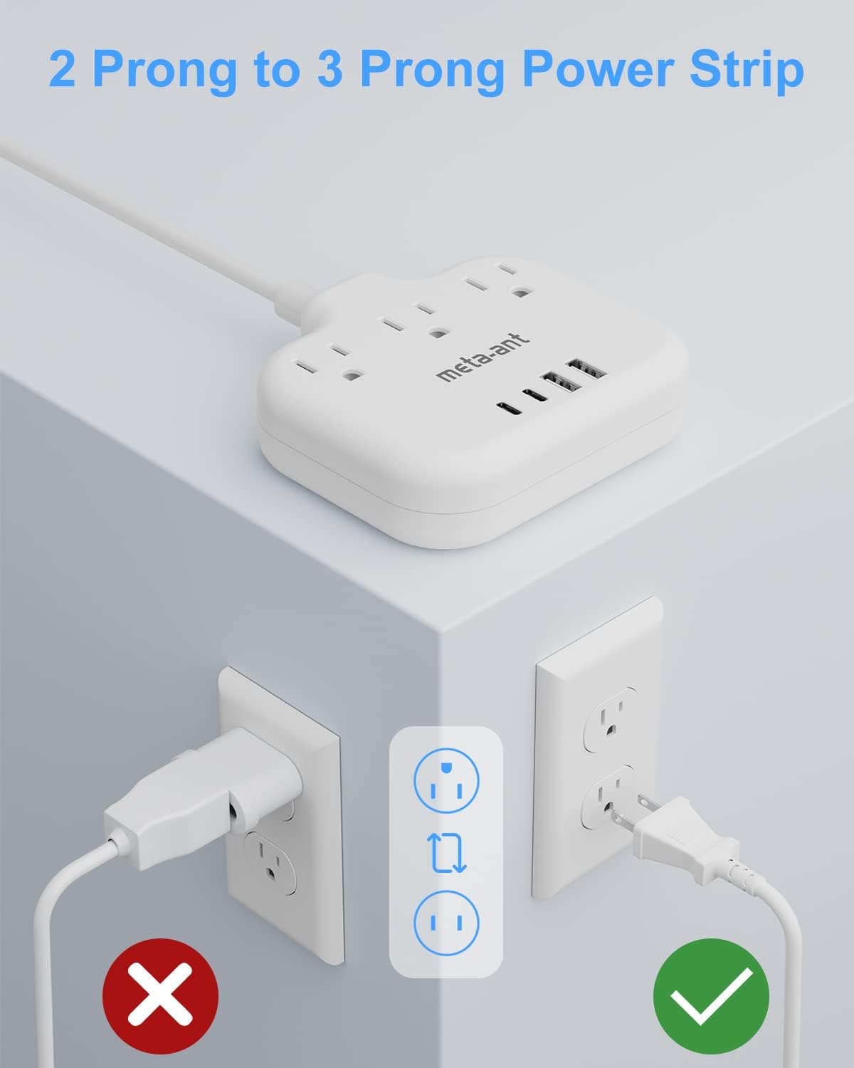 Adaptador 2 a 3 clavijas con 3 salidas y 4 USB 5ft blanco