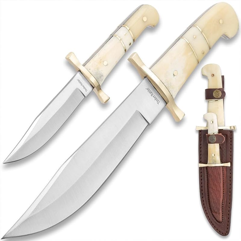Set 2 cuchillos acero inox mango hueso camello funda cuero