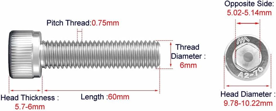 20 Pzas Tornillo Allen M6x2.362pulg Acero Inox