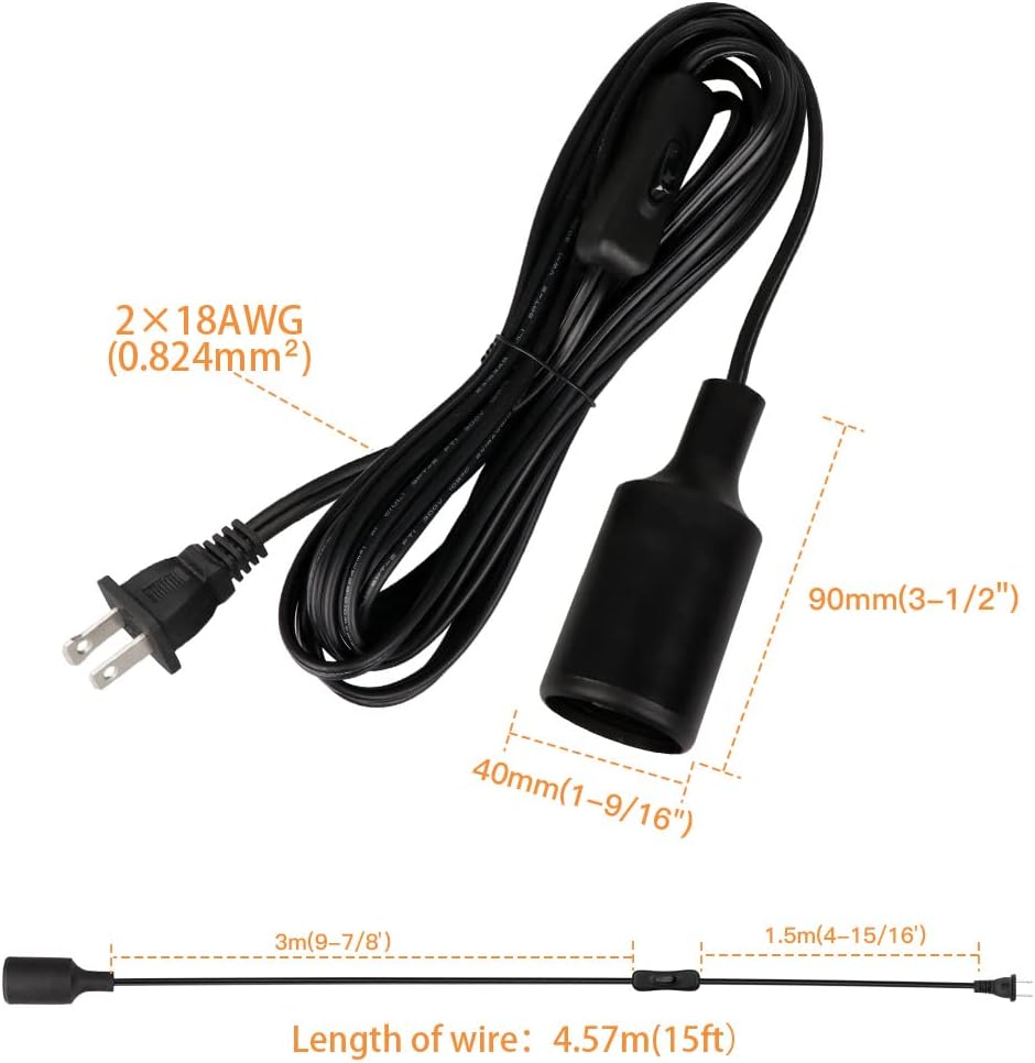 Enchufe luz colgante 15ft cable E26 con interruptor E27