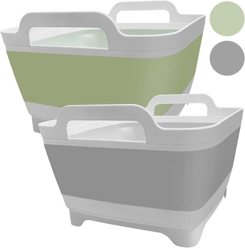 2 Sartenes Lavabo Plegable 9L con Tapón Asas Cubo Verde