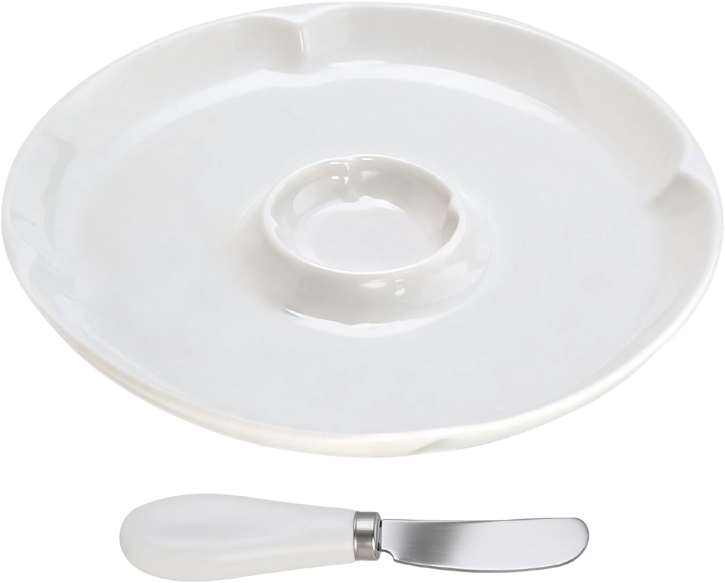 Juego platos servir cerámica blanca con cuchillo espardor
