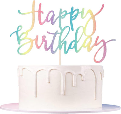 Decoración pastel arcoíris cumpleaños con purpurina