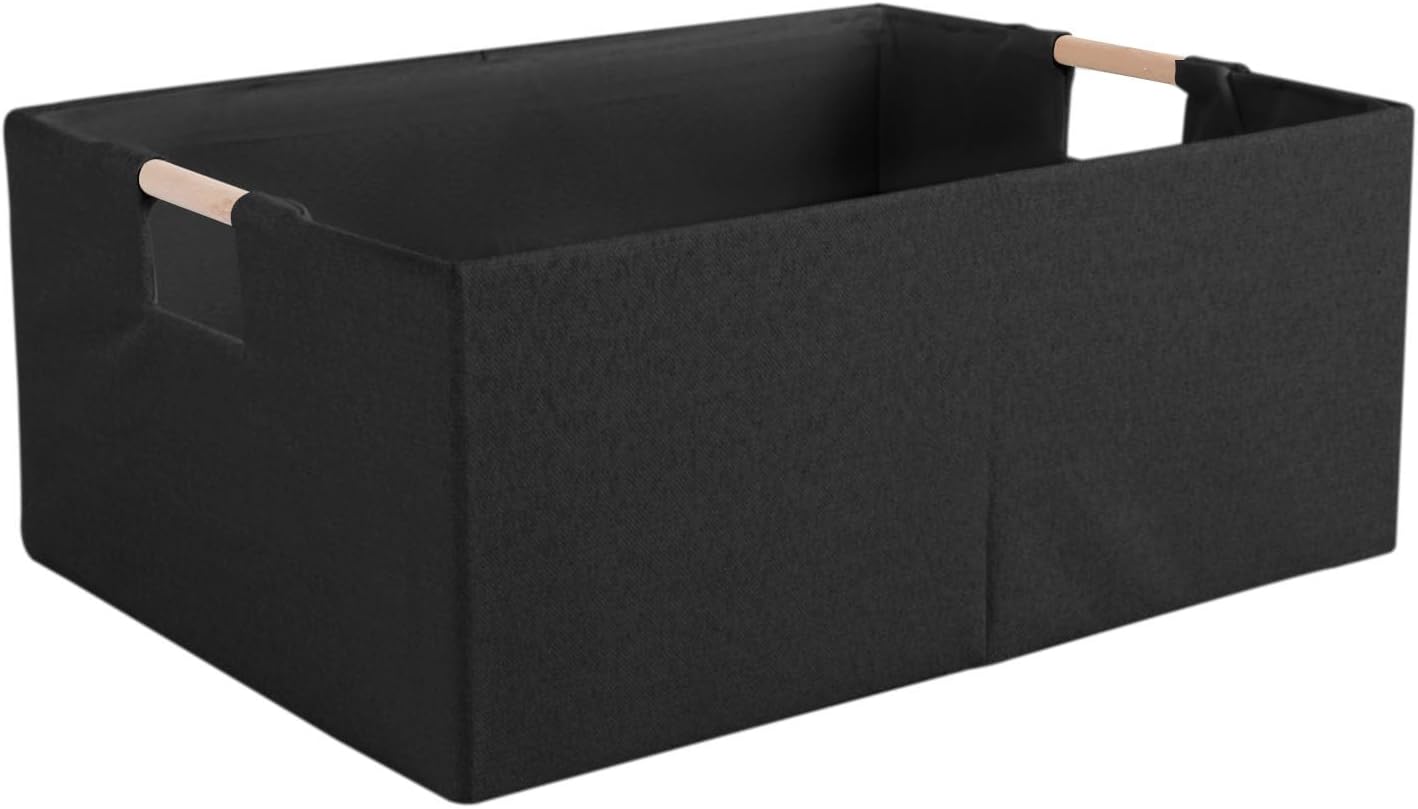 Cubo almacenamiento tela plegable asas madera negro