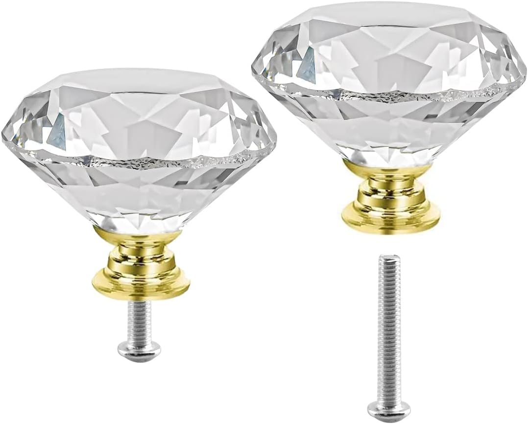 4 Pomos Cristal Diamante para Cajones Puerta Dorado