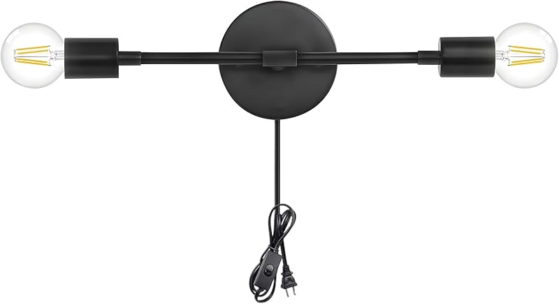 Aplique pared con enchufe negro interruptor 2 luces moderna