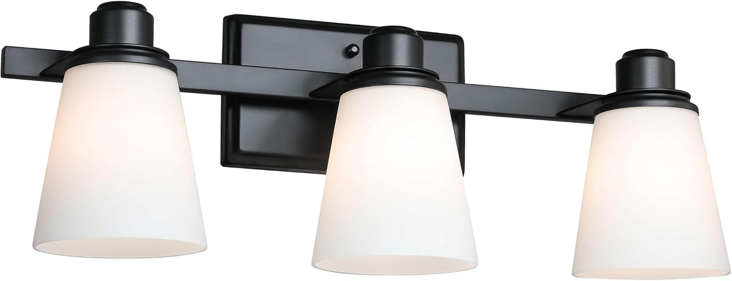 Lámpara tocador 3 luces negro mate pantalla cristal blanco