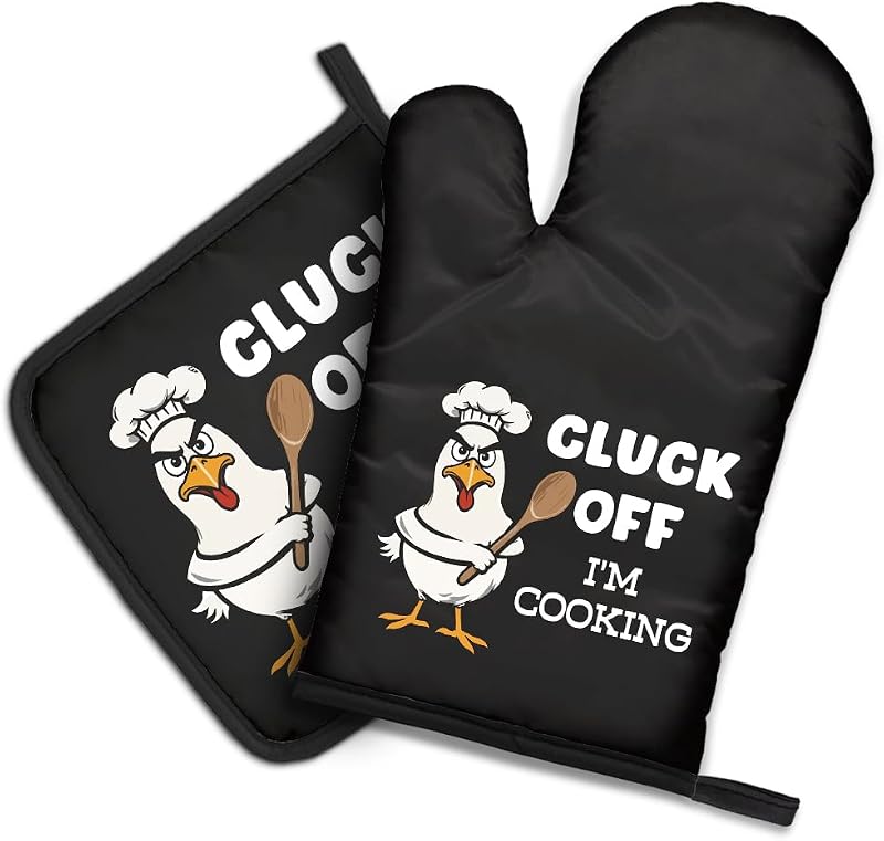 Guantes de horno y soporte para ollas con humor