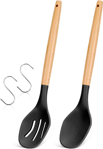 Cucharas silicona antiadherentes mango madera ranurado 2 pzas negro