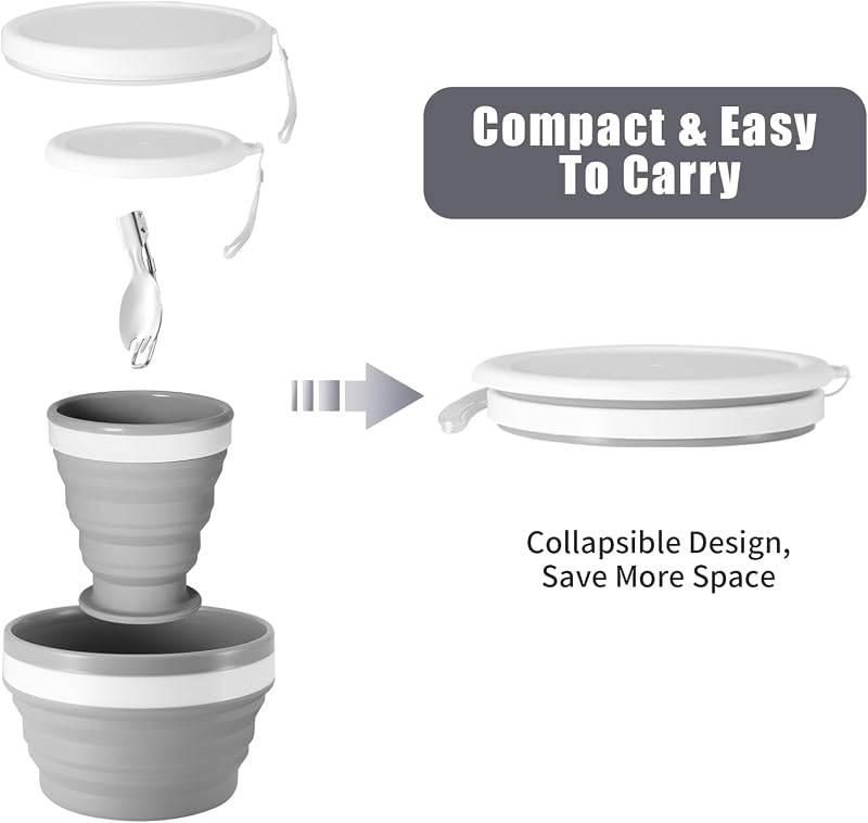 Set tazas silicona plegables camping con tenedor acero inox