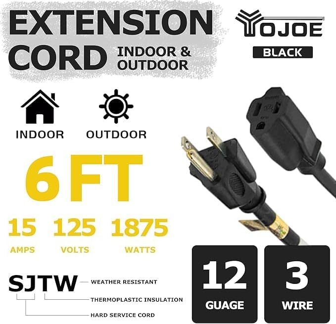 Cable extensión 3 clavijas 15A resistente negro 6 pies