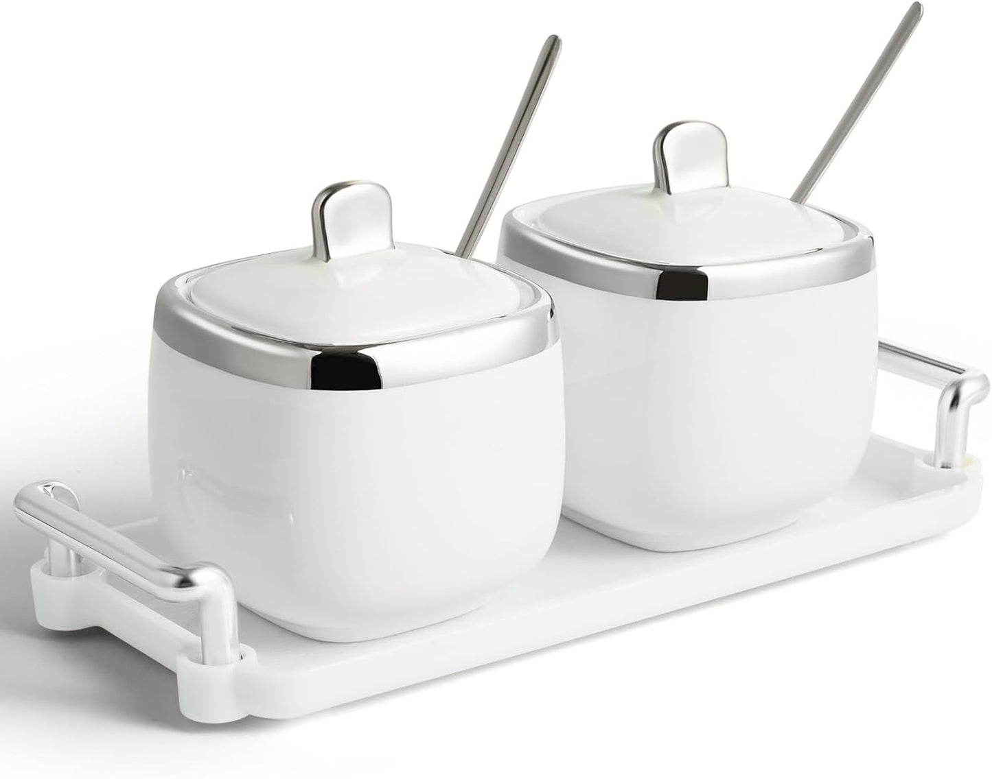 Azucarero cerámica set 2 con bandeja cuchara tapa plateado