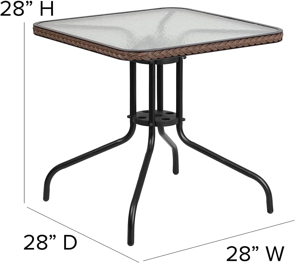 Mesa cristal cuadrada 28" borde ratán negro