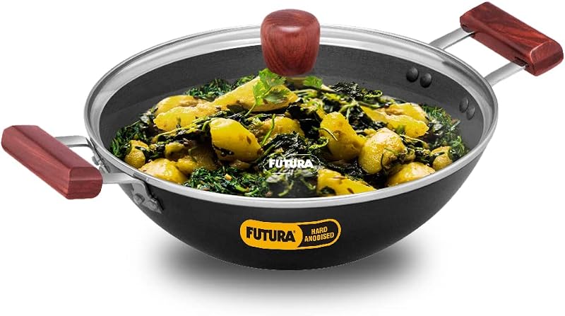 Sartén profunda 3L Kadai anodizado con tapa vidrio negro