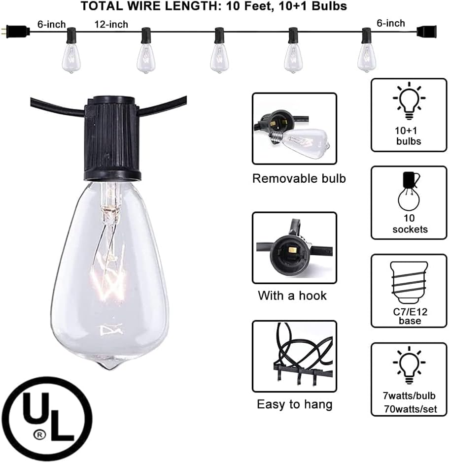 Tira luces Edison patio 10ft jardín terraza color negro