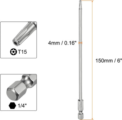 Broca Torx T15 vástago 1/4pulg 6pulg acero S2 magnética