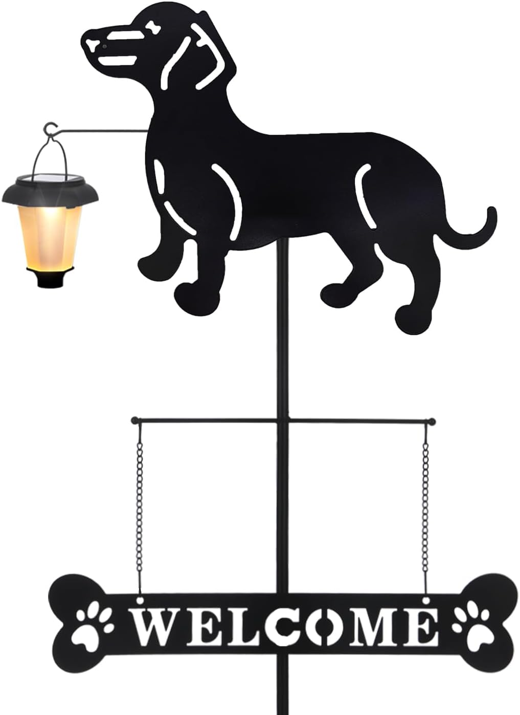 Letrero perro salchicha farol huellas pata jardín