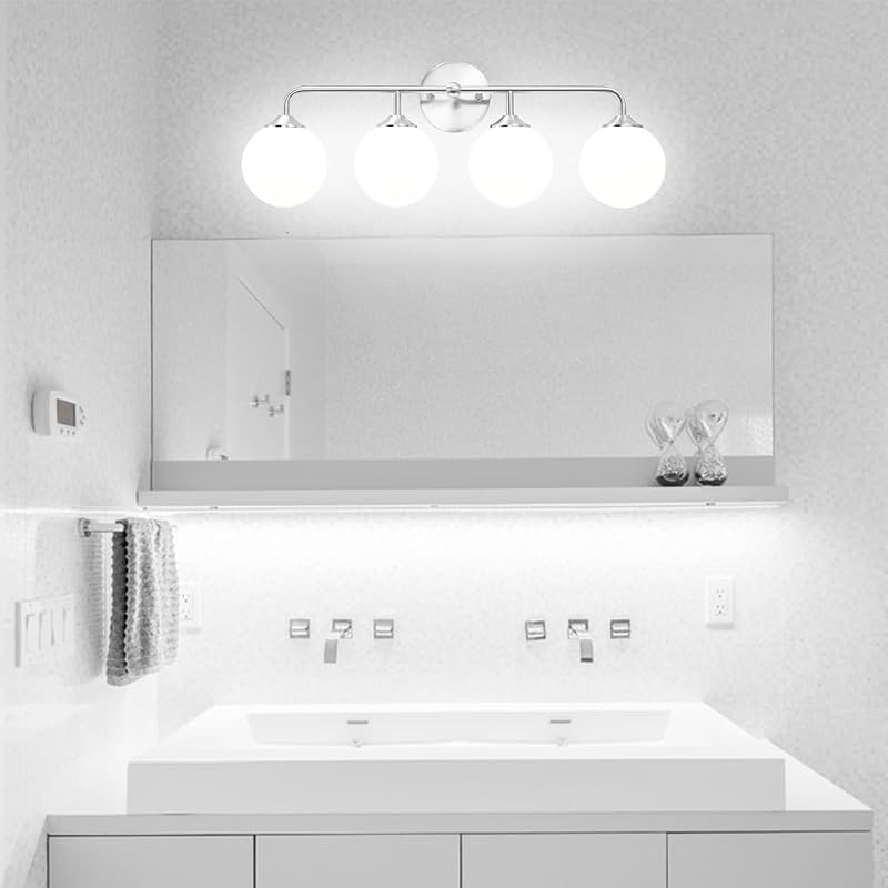 Lámpara baño 4 luces níquel cepillado pantalla vidrio blanco