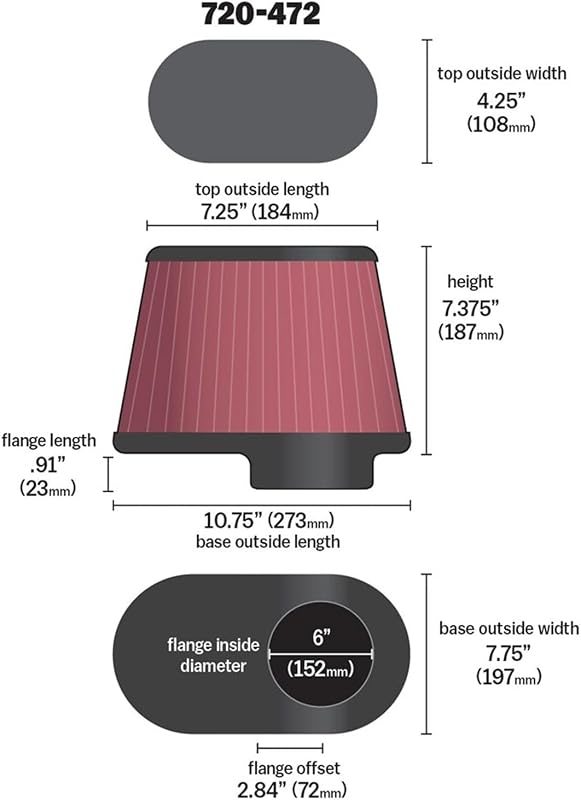 Filtro aire universal 6" brida 9" base 10.75x7.75"