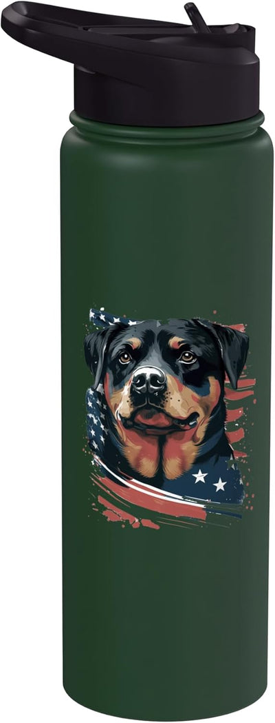 Botella de agua acero inoxidable con imagen perro Rottweiler bandera estadounidense