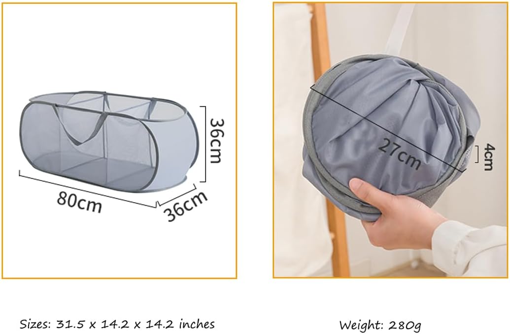 Cesta malla plegable 3 compartimentos con bolsillo para lavandería