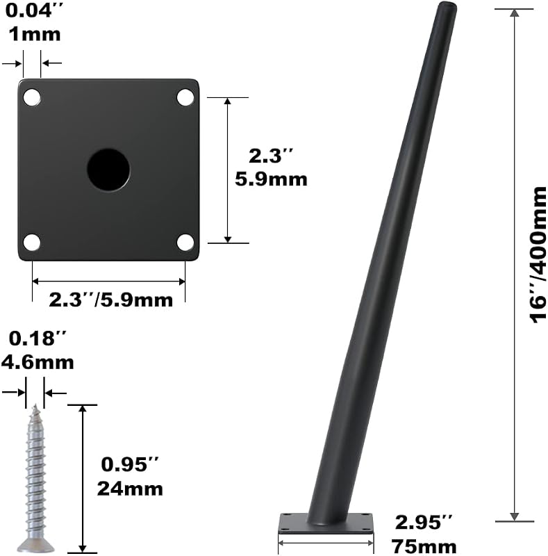 8 Pzas Patas Cónicas Metal Negro Mate 16" para Muebles
