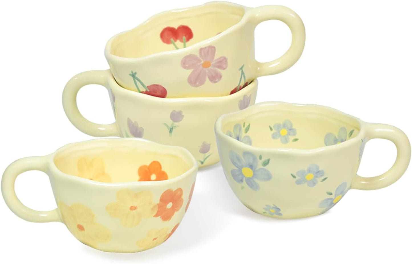 Set 4 Tazas Cerámica 8oz con Flores para Mujer y Niña