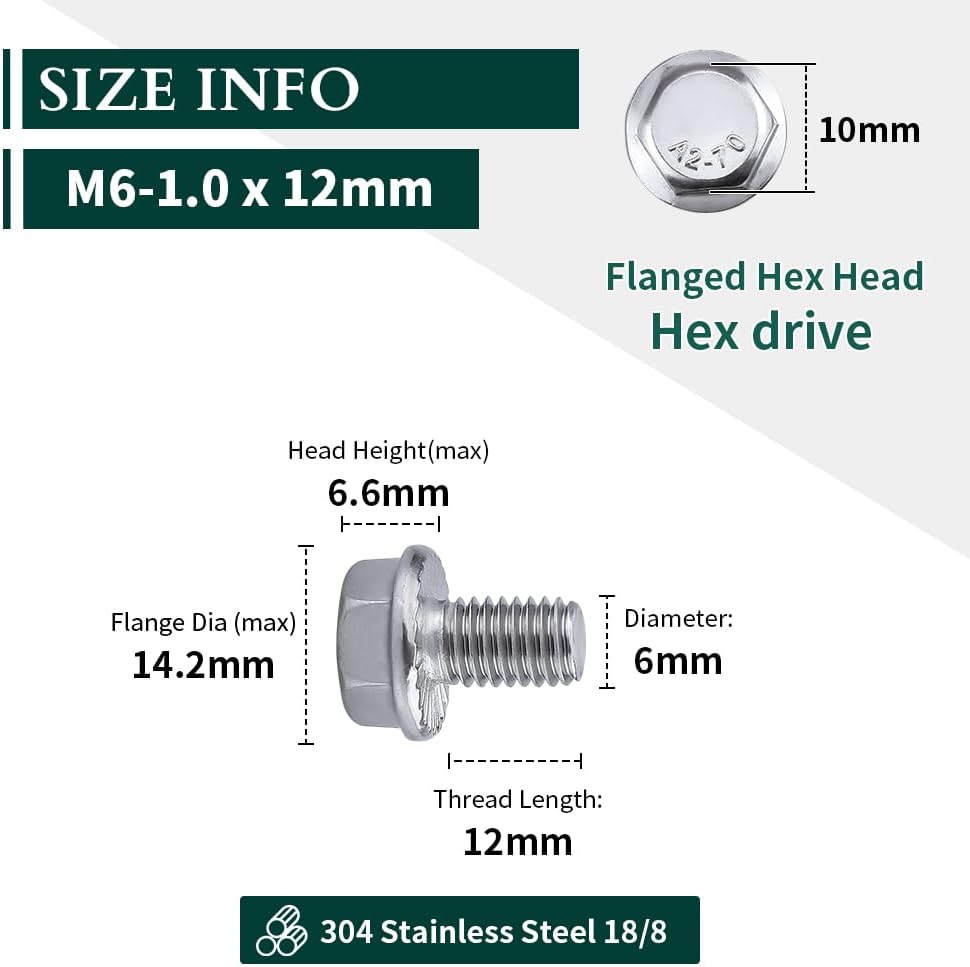 Perno brida hex M6 DIN6921 acero inox 304 rosca UNC 25 pzas
