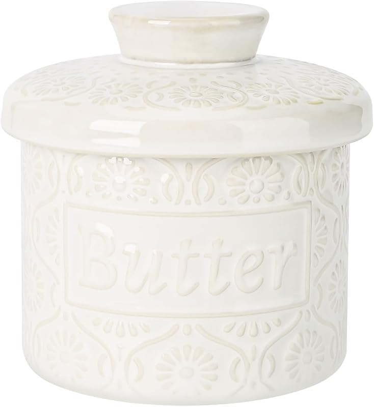 Recipiente mantequilla cerámica con tapa blanco vintage