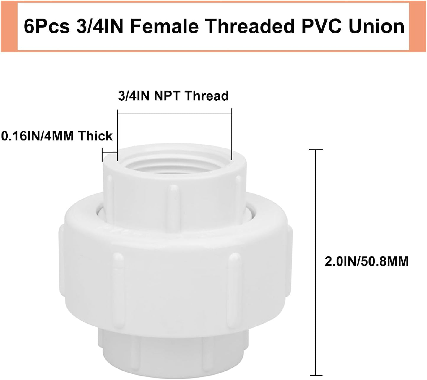 6 Pzas Unión PVC 3/4" F x F con Junta EPDM