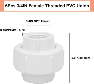 6 Pzas Unión PVC 3/4" F x F con Junta EPDM