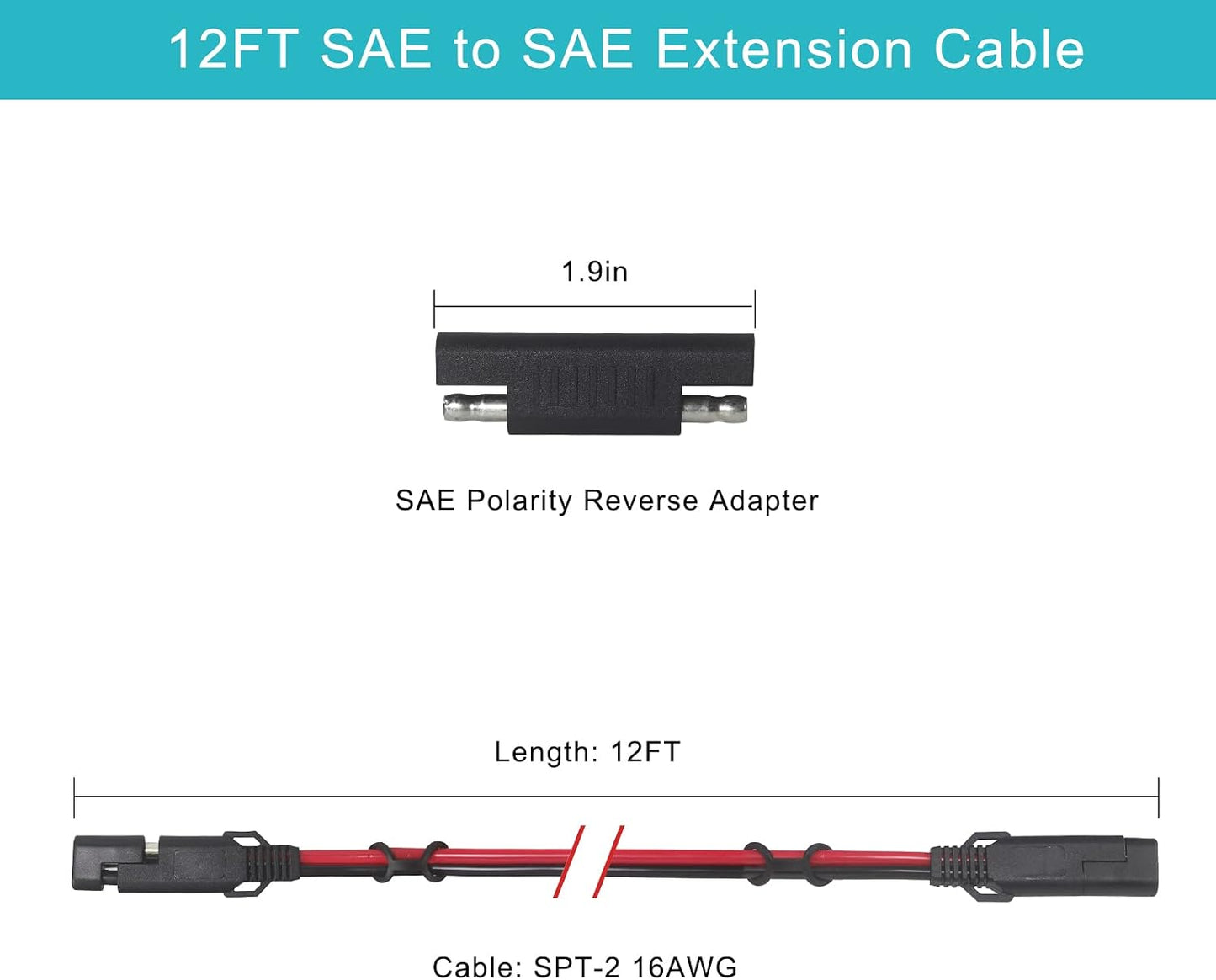 Cable extensión SAE 16AWG 12ft conector 2 pines cargador solar