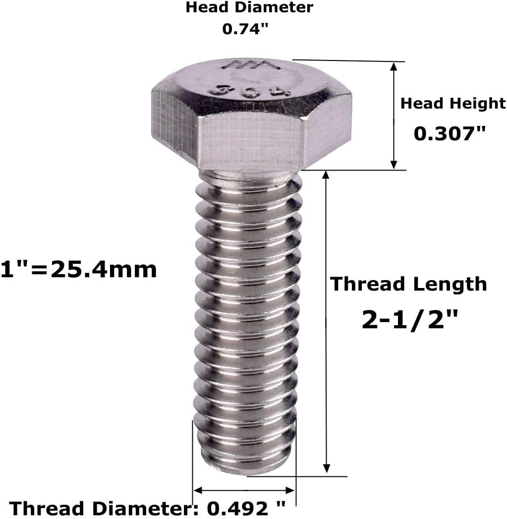 Perno hex 1/2-13 x 2-1/2pulg acero inox 5 pzas