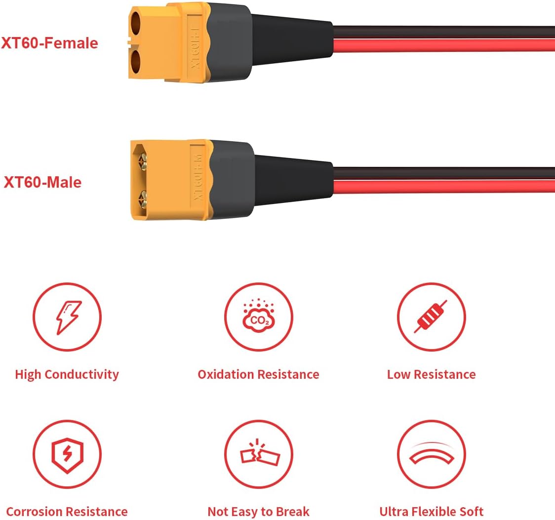 Cable XT60 10 AWG 2" conector hembra a macho para batería RC