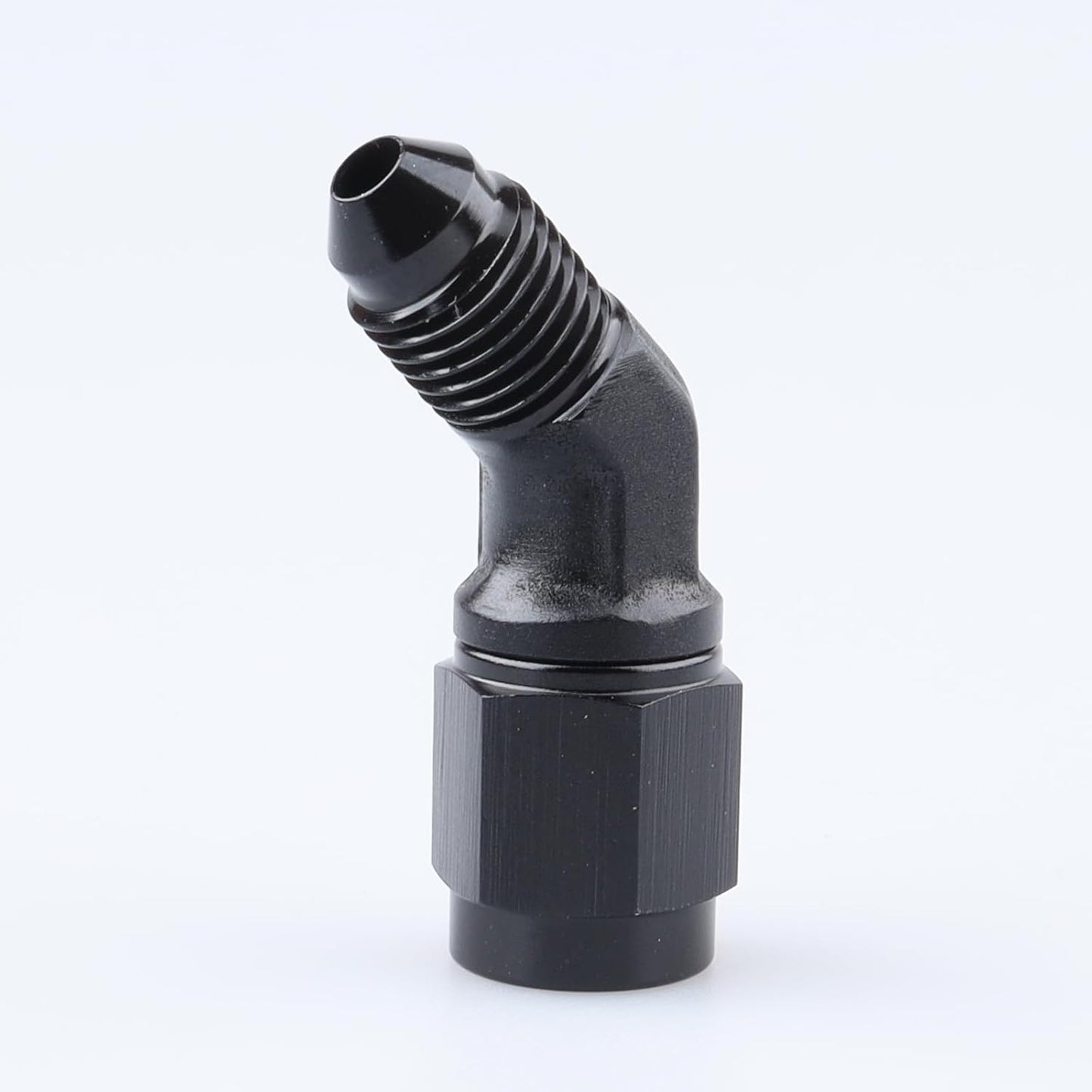Adaptador aluminio macho a hembra manguera 45grados negro