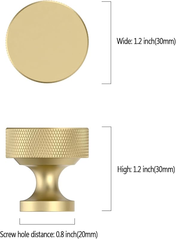 20 Pomos Gabinete Dorados Cepillados 1.2" para Cajones